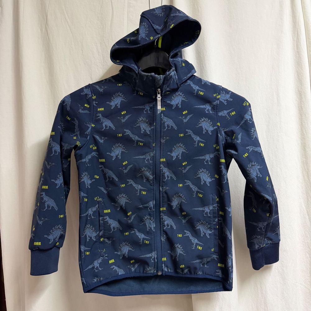 HM Kids Navy Dinosaur Softshell Jacket Detachable Hood Fleece Lined Size 7Y